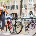 Woman with bicycle in amsterdam city