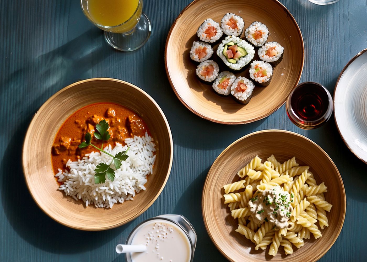 Ein Tisch mit Pasta, Curry und Sushi